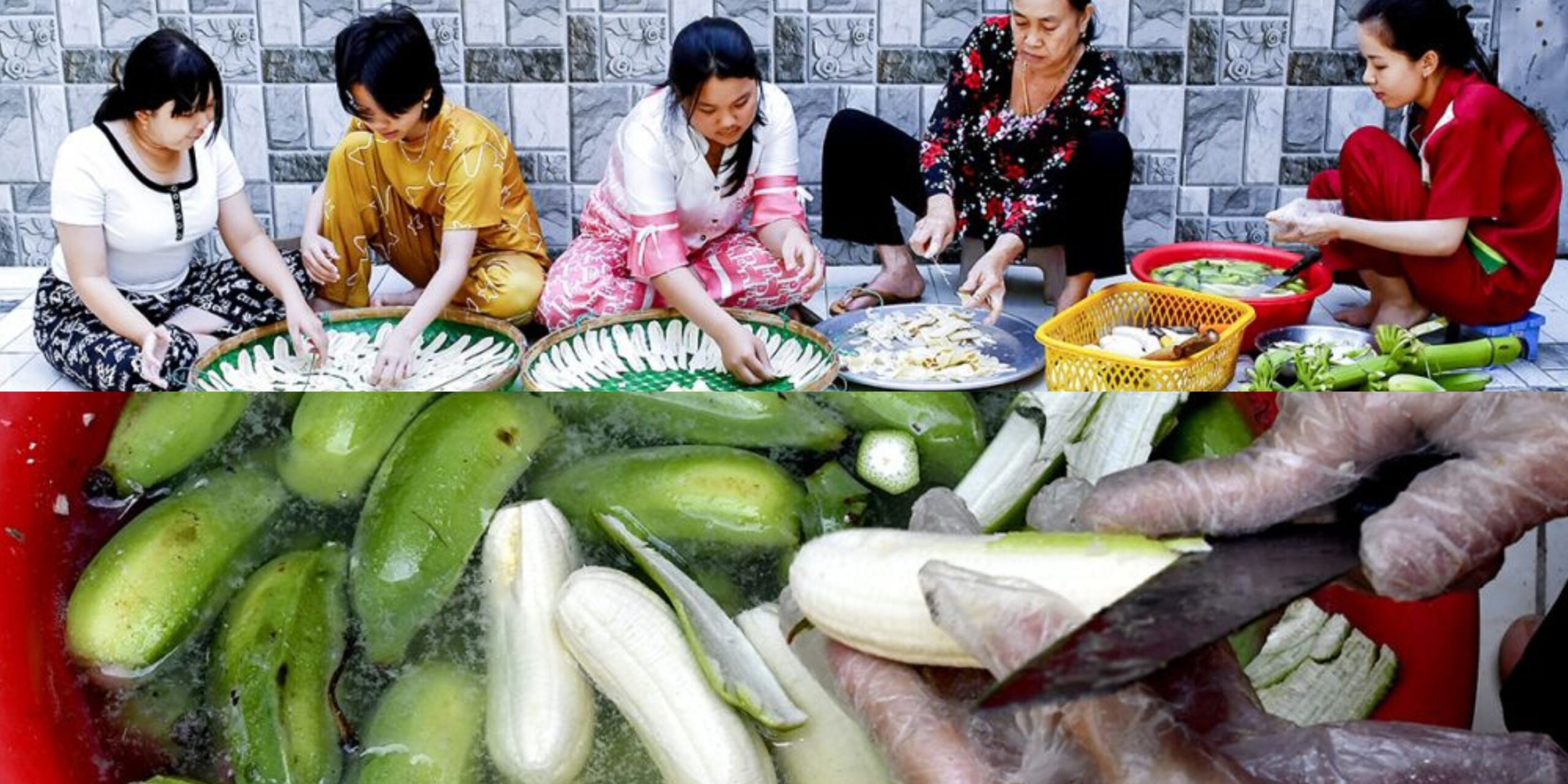 Chuối xanh thái lát để làm mứt chuối ngào đường