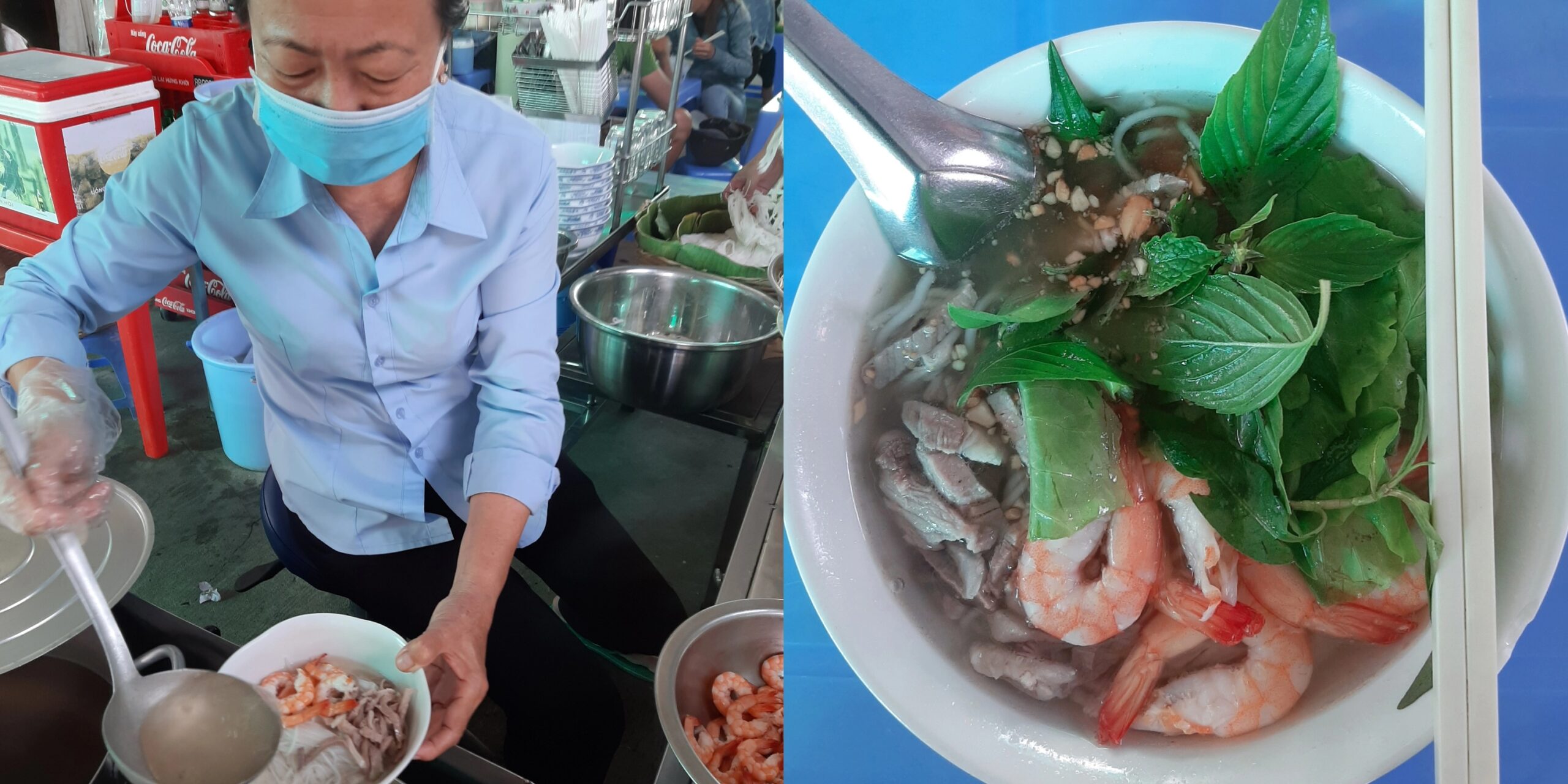 Người bán chan nước lèo nóng vào tô bún gỏi già truyền thống.