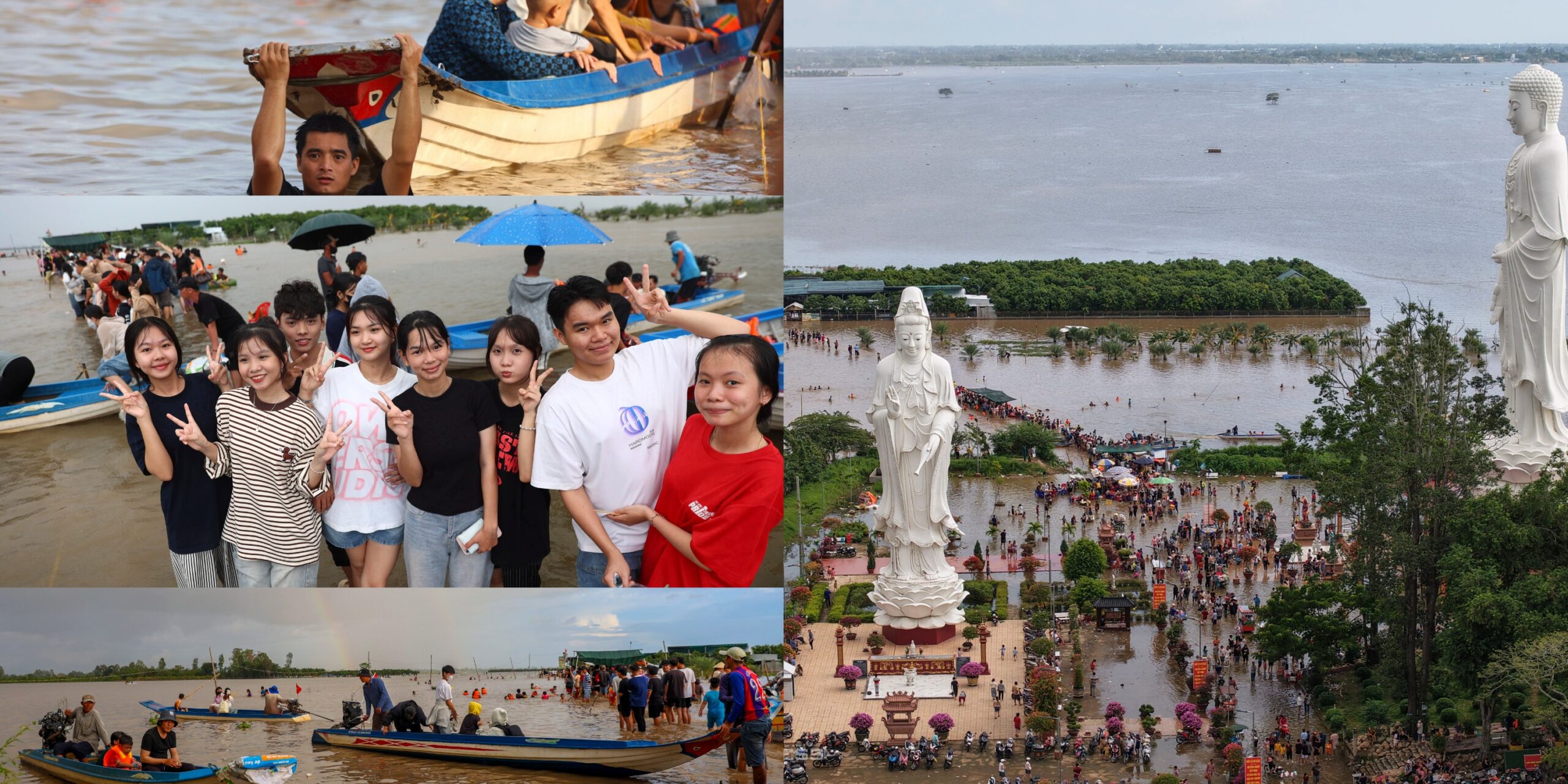 Du khách lội nước đi chùa Núi Nổi mùa nước nổi miền Tây